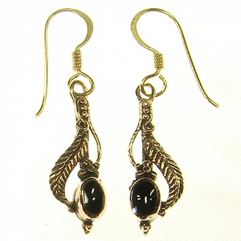 Bronze-Ohrhänger Blatt mit schwarzem Stein